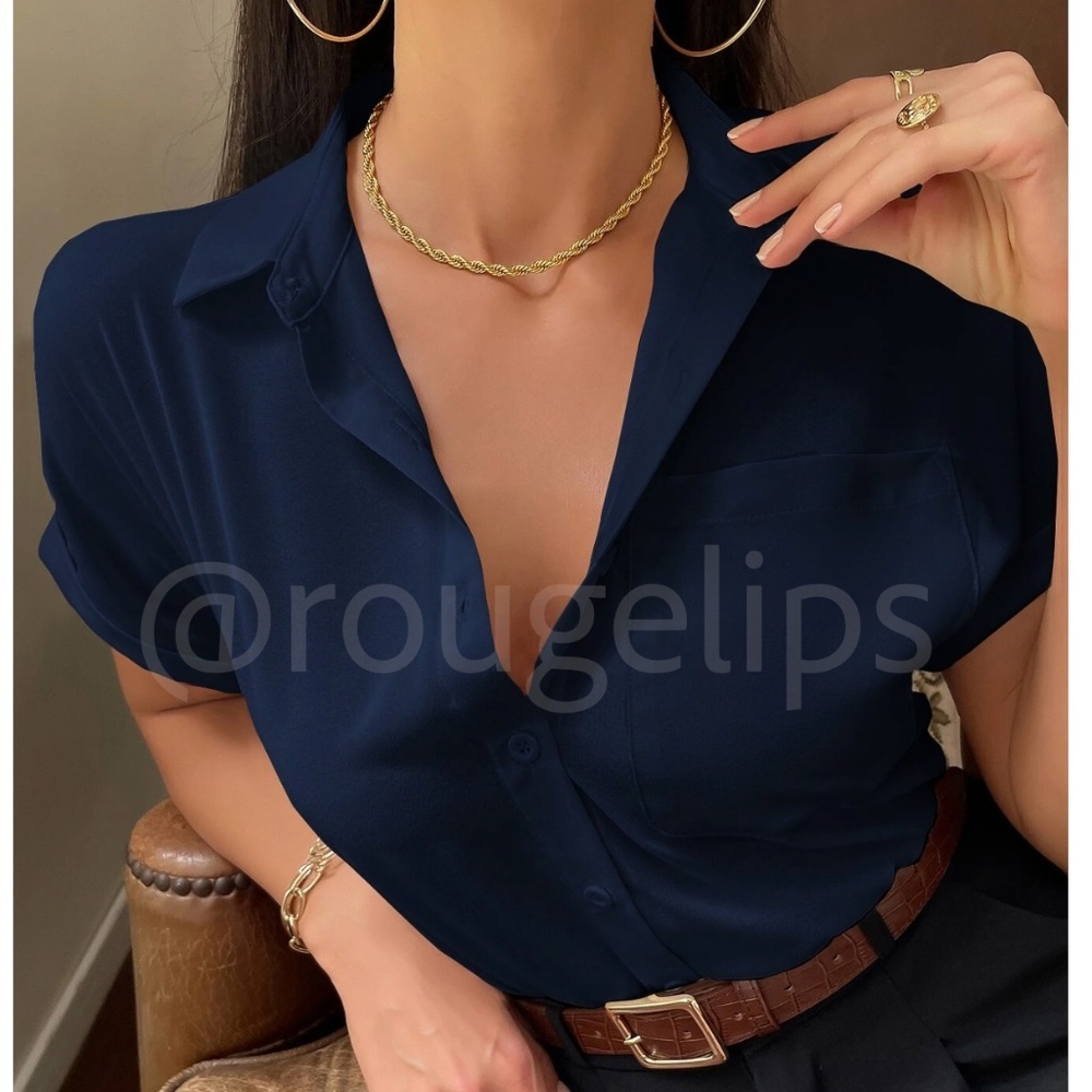 Navy Blue Casual Button Up / Down Shirt Collar, V-Neck Button Front